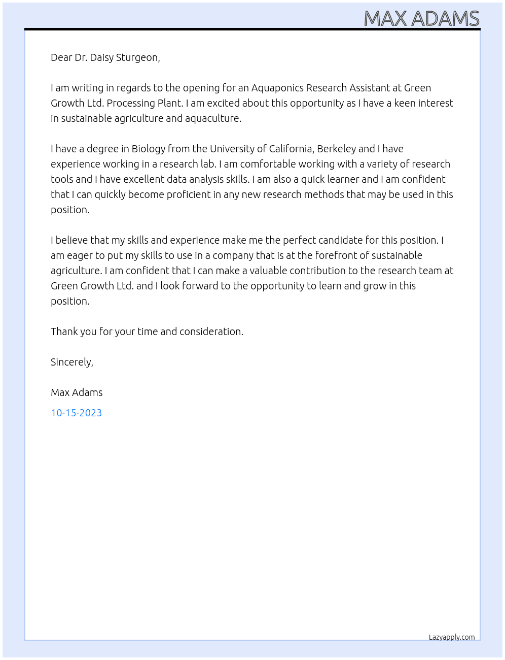  Aquaponics Research Assistant At Green Growth Ltd. Processing Plant  Cover Letter