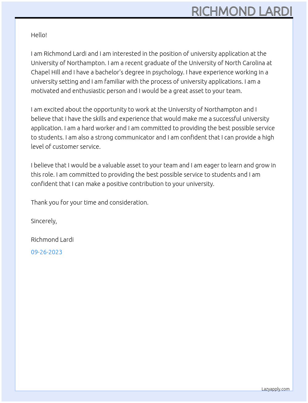 university application At University Student Cover Letter