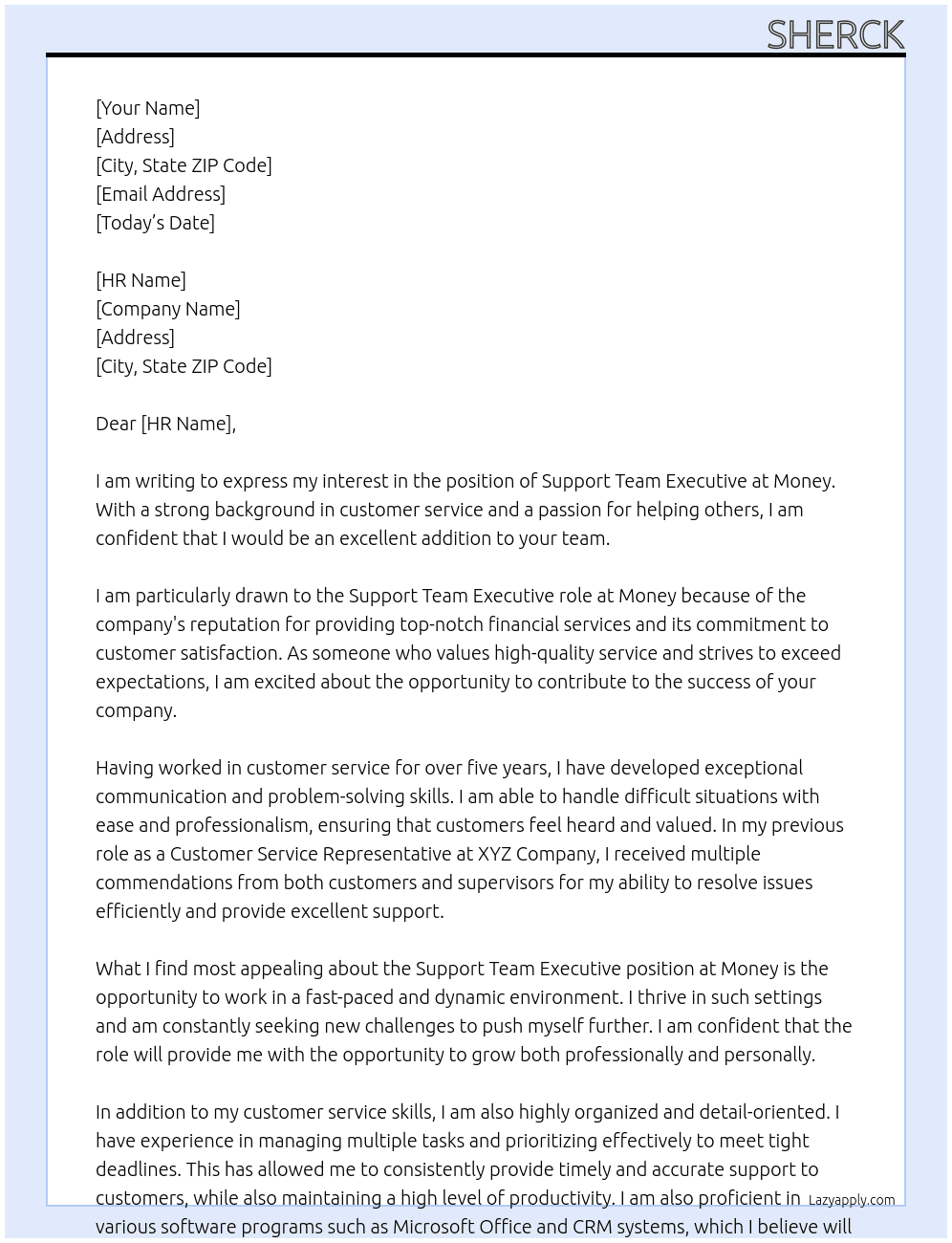 Support Team Executive At Money Cover Letter