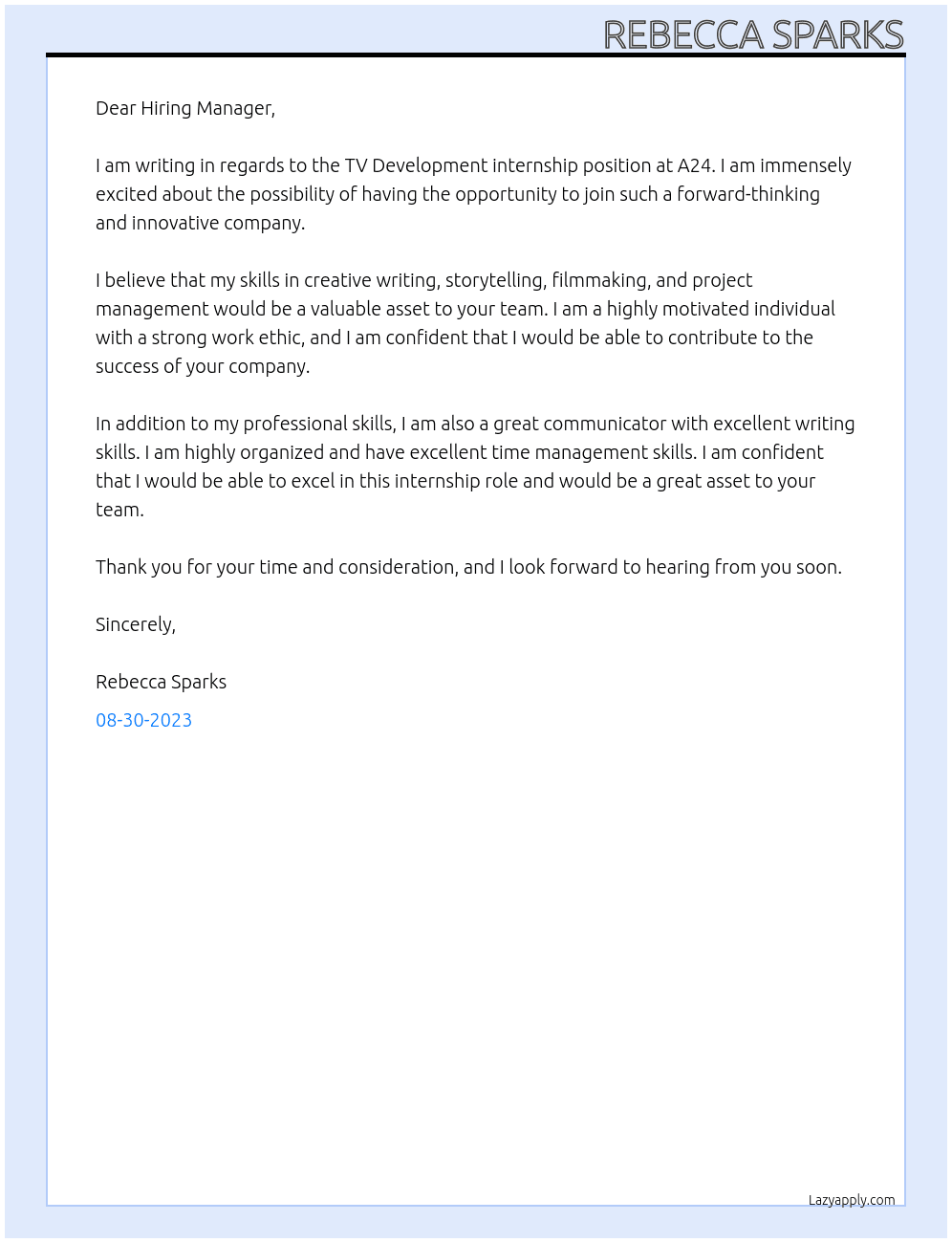 TV Development intern  At A24 Cover Letter
