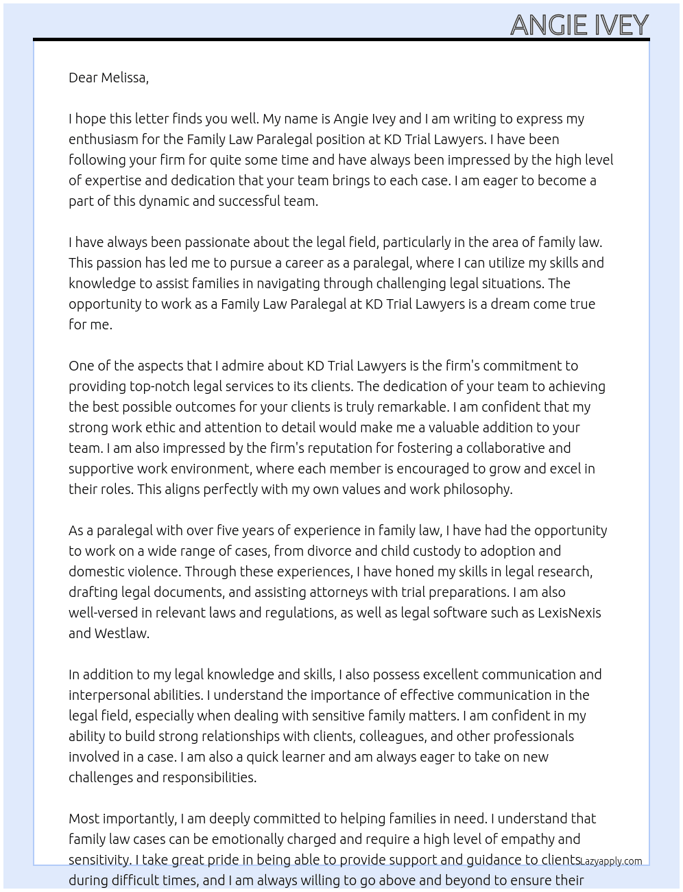 Family Law Paralegal At KD Trial Lawyers Cover Letter