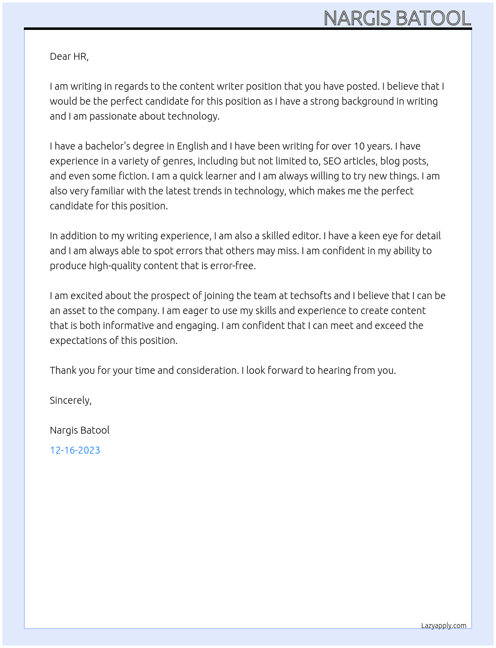 Content Writer At techsofts Cover Letter