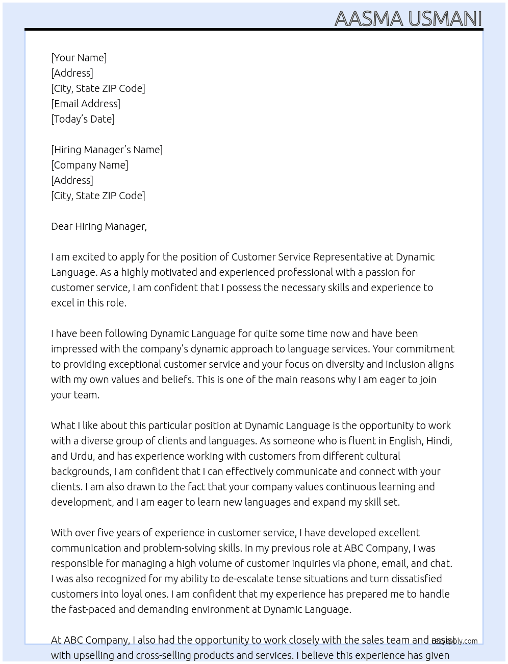 customer service representative At Dynamic Language Cover Letter