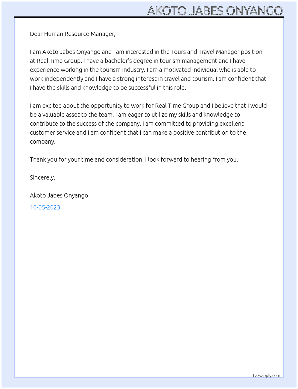 Tours and Travel Manager At Real Time Group Cover Letter