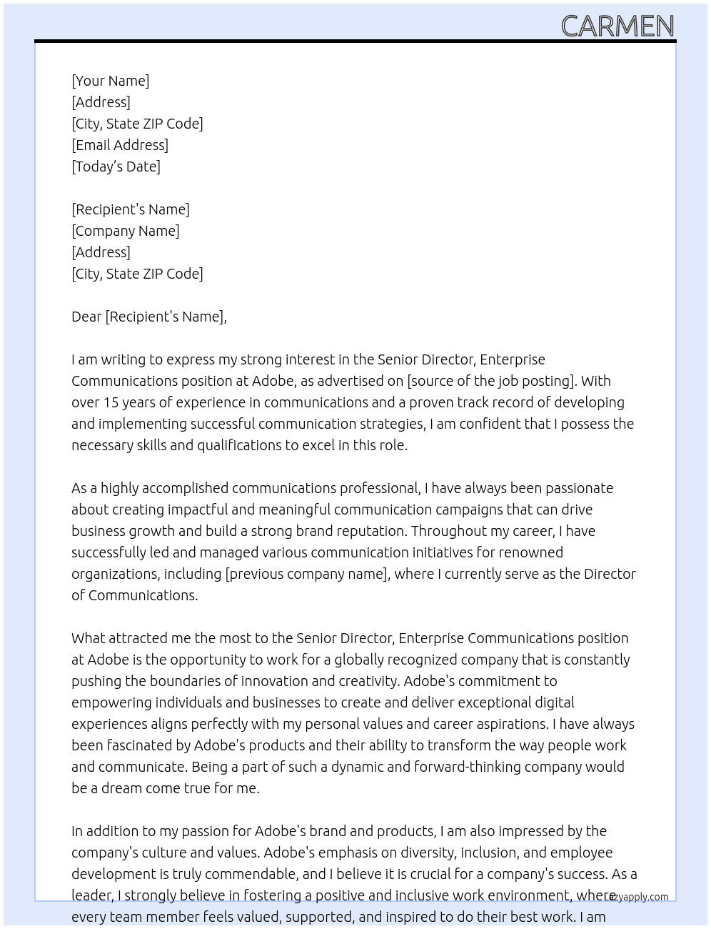 Senior Director, Enterprise Communications At Adobe Cover Letter