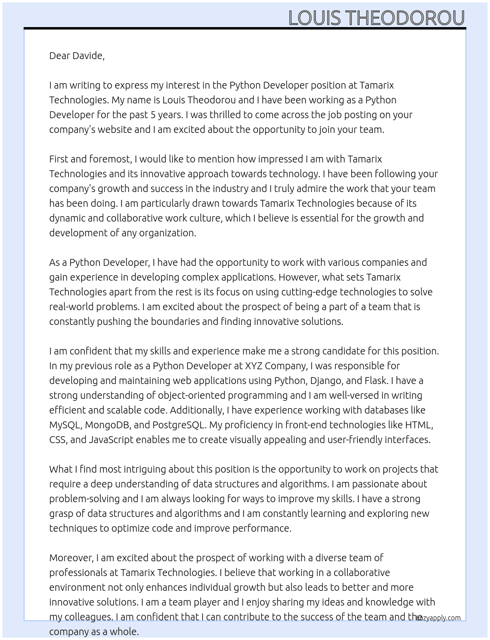 Python Developer At Tamarix Technologies Cover Letter