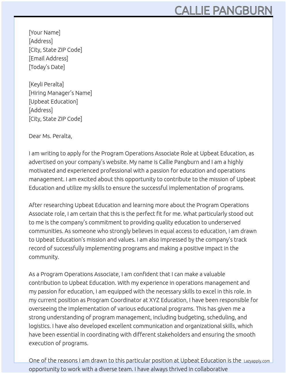 Program Operations Associate Role At Upbeat Education Cover Letter