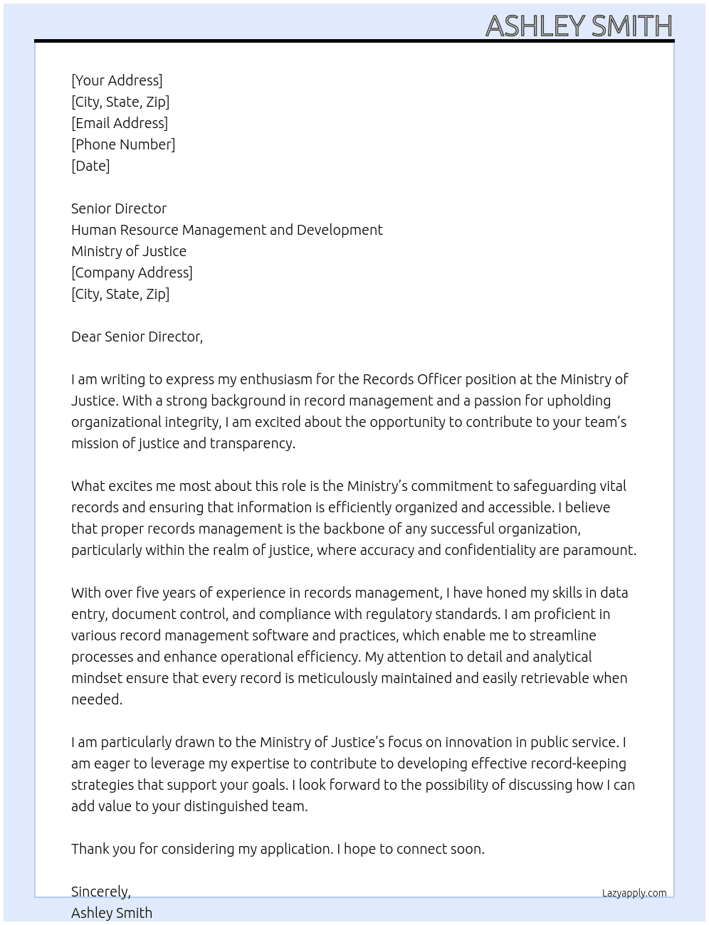 Records officer At Ministry of Justice Cover Letter
