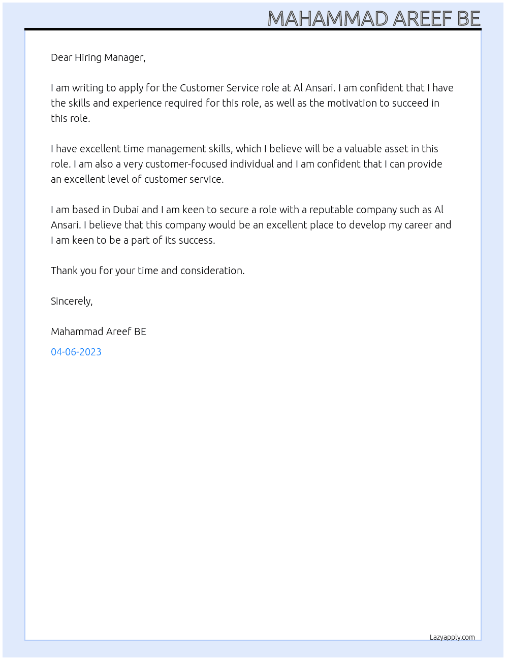 Customer service At Al ansari Cover Letter