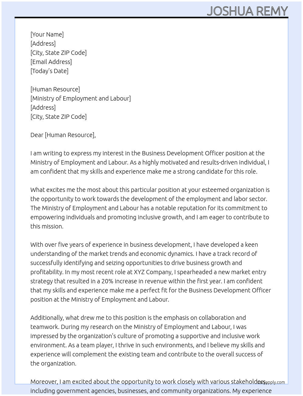 Business Development Officer position At ministry of employment and labour Cover Letter