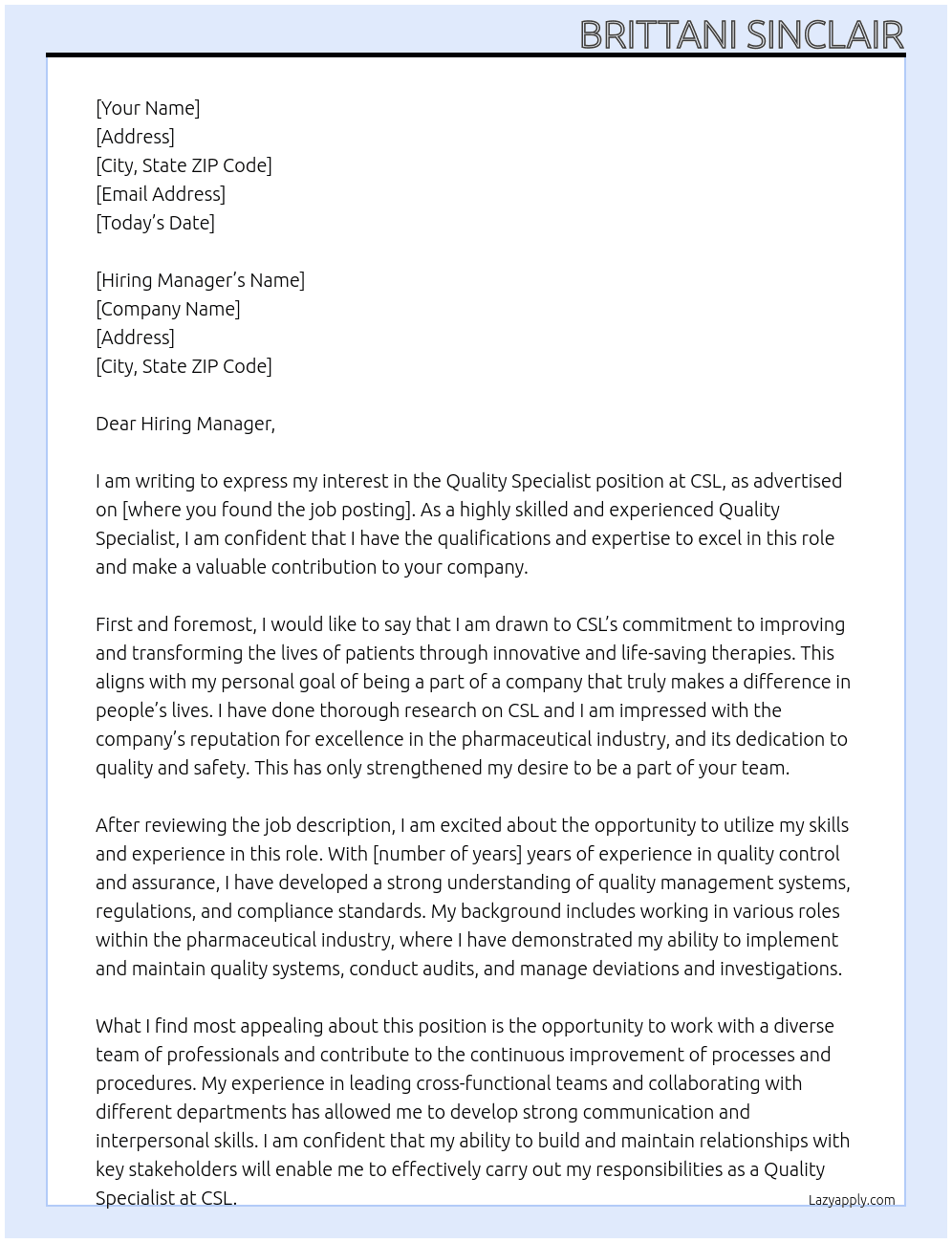 Quality Specialist  At CSL Cover Letter