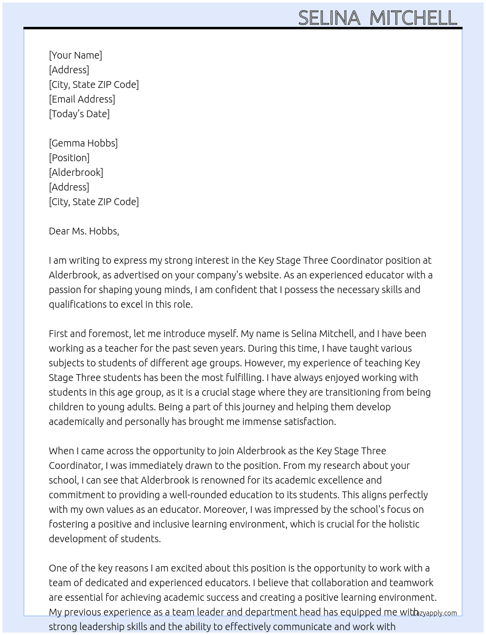 Key stage three coordinator At Alderbrook  Cover Letter
