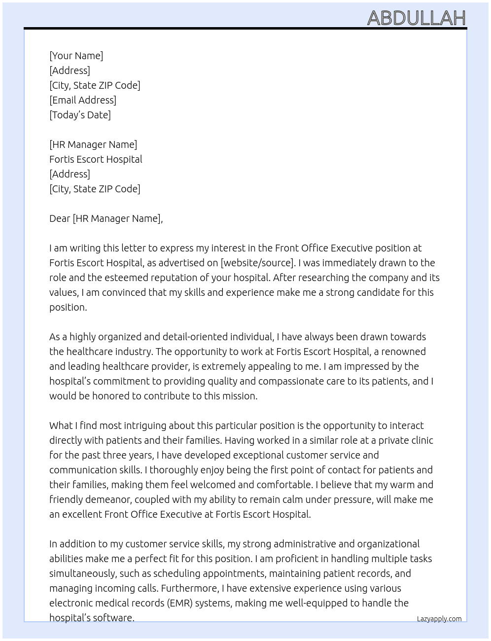 Front Office Executive At Fortis Escort Hospital Cover Letter