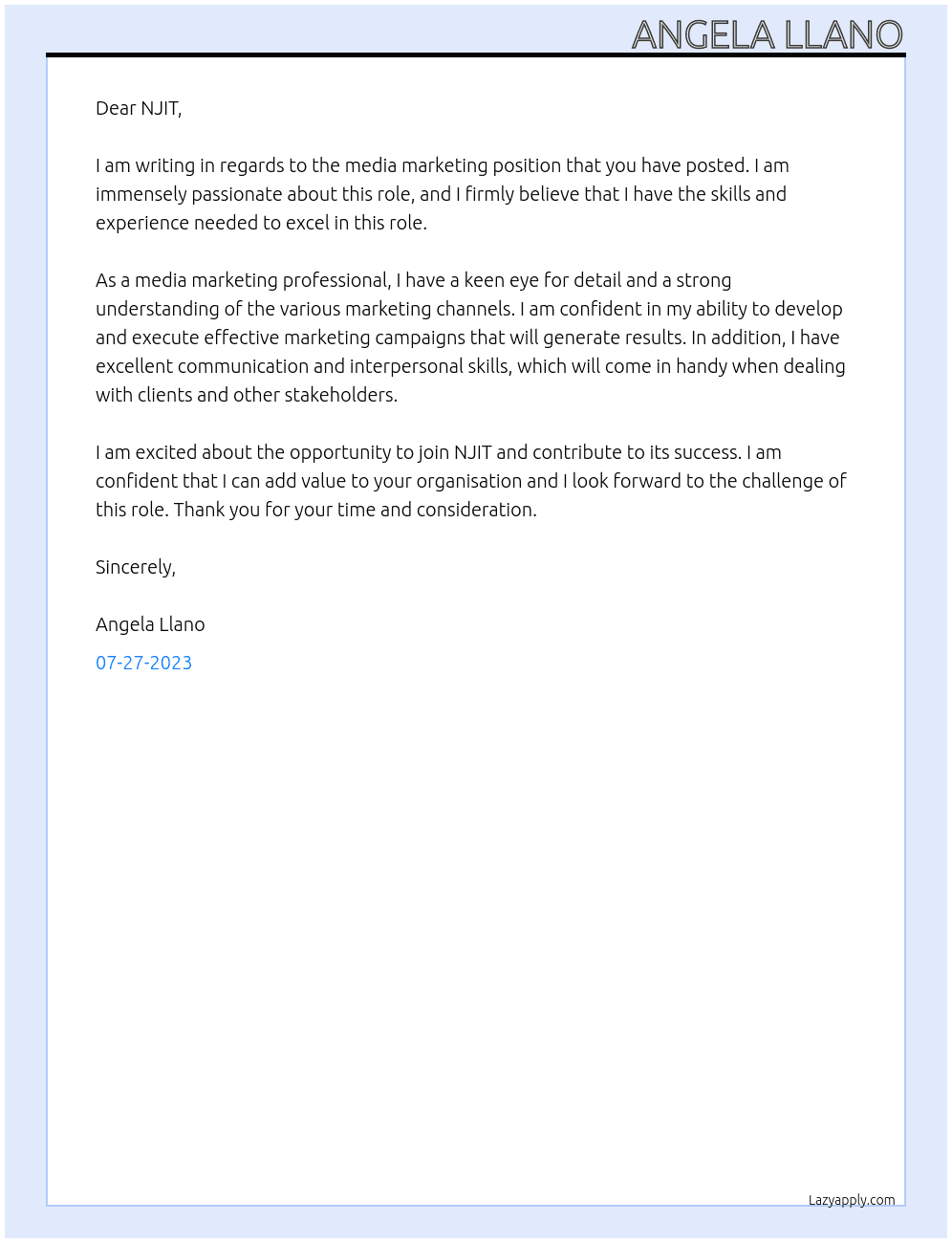 Media marketing  At NJIT Cover Letter