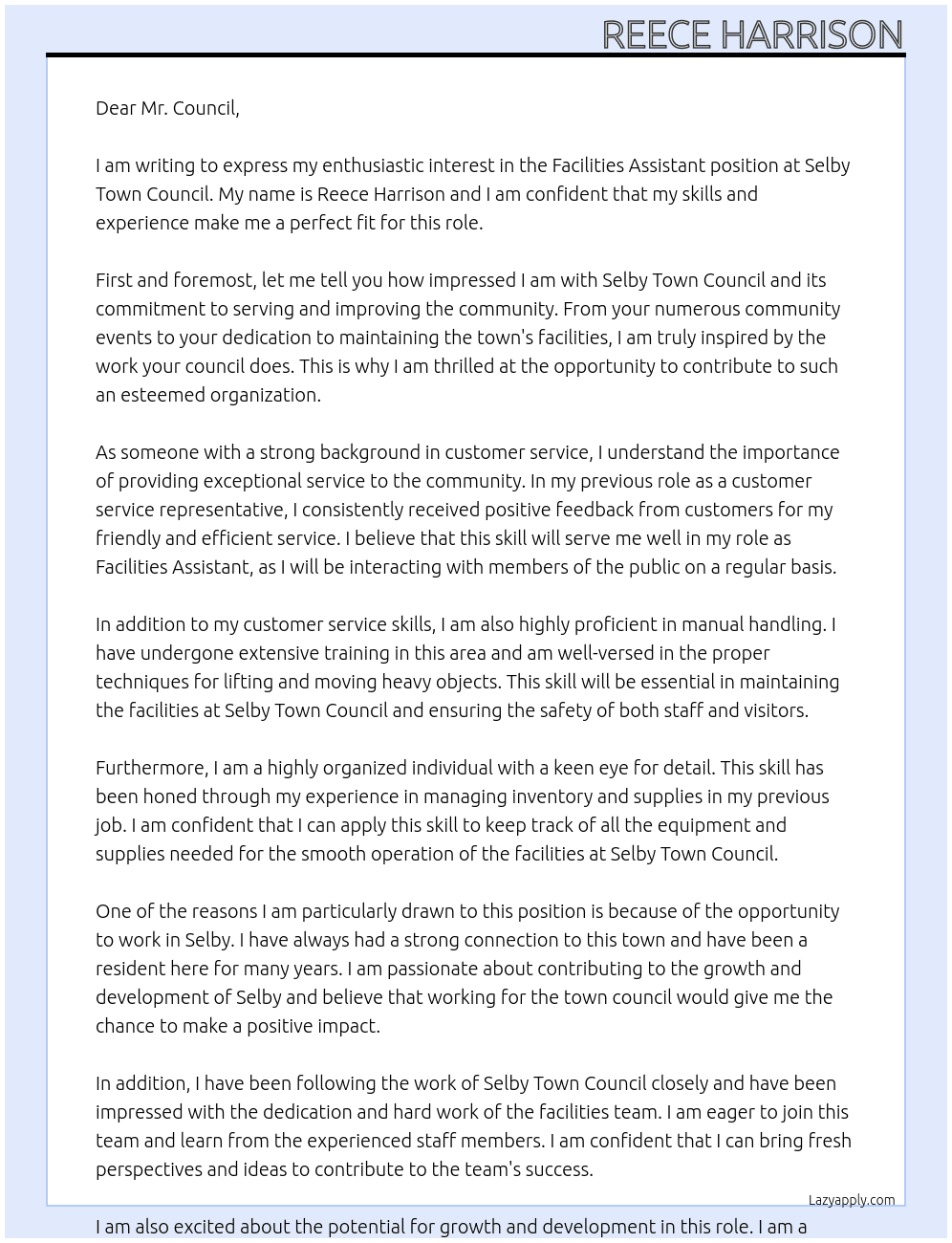 Facilities Assistant At Selby Town Council Cover Letter
