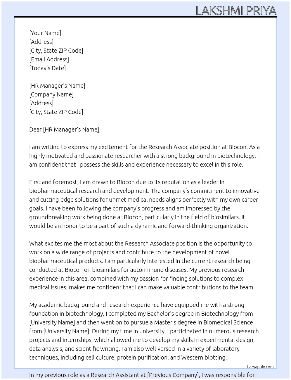 Research Associate At Biocon Cover Letter