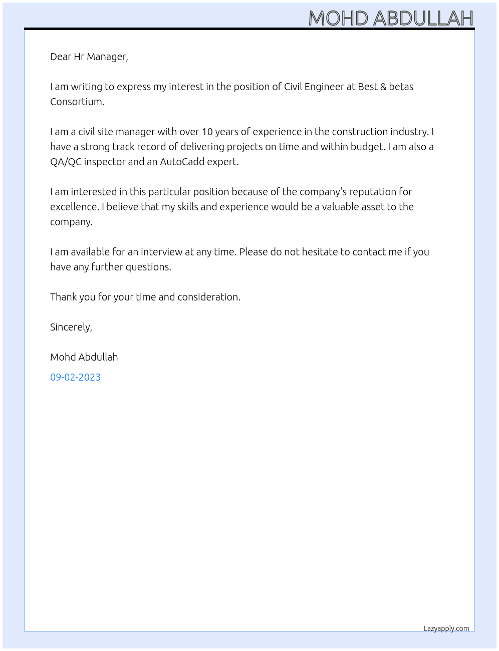 Civil Engineer At Best & betas Consortium Cover Letter