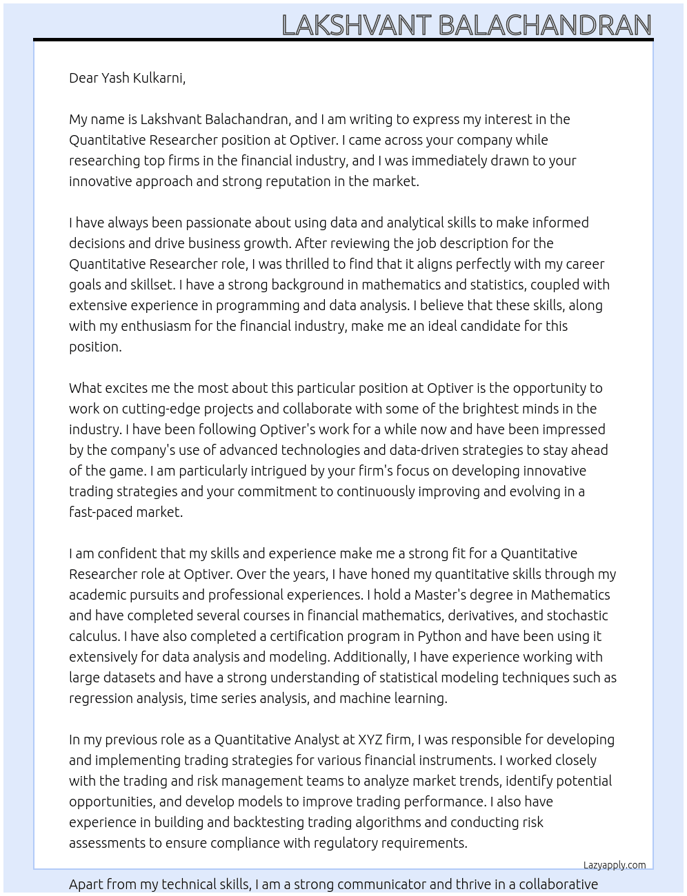 Quantitative researcher At optiver Cover Letter