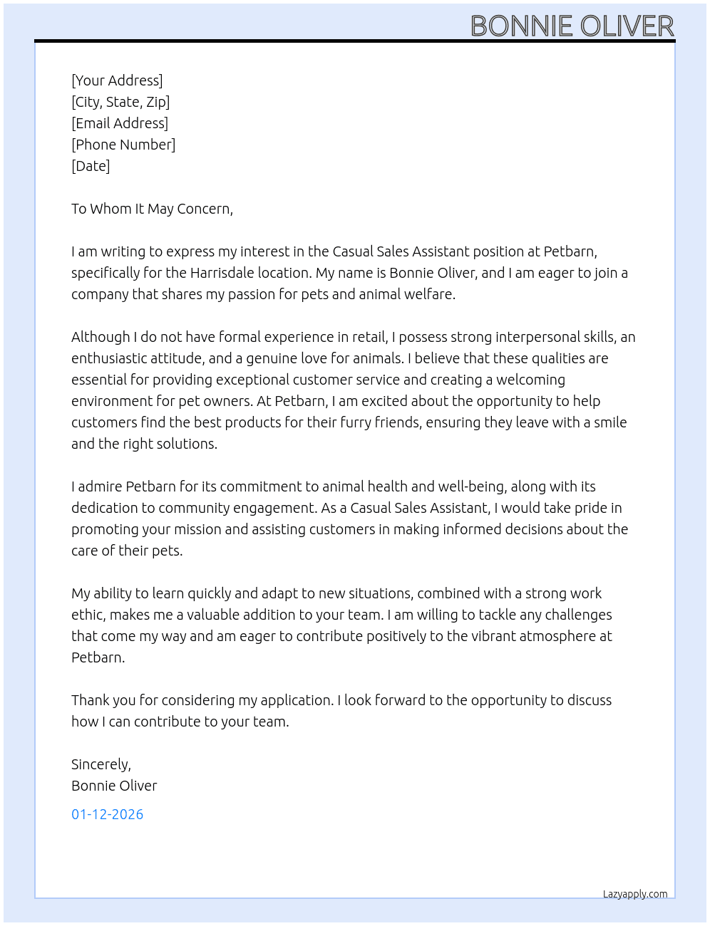 Casual Sales Assistant At Petbarn Cover Letter