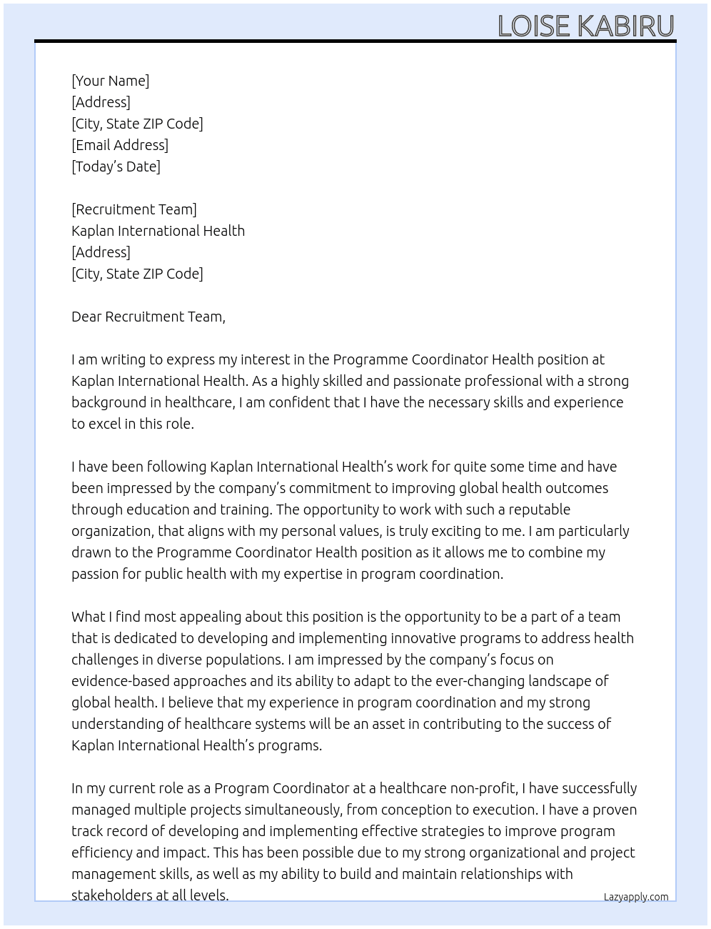 Programme Coordinator Health At Kaplan International Health Cover Letter
