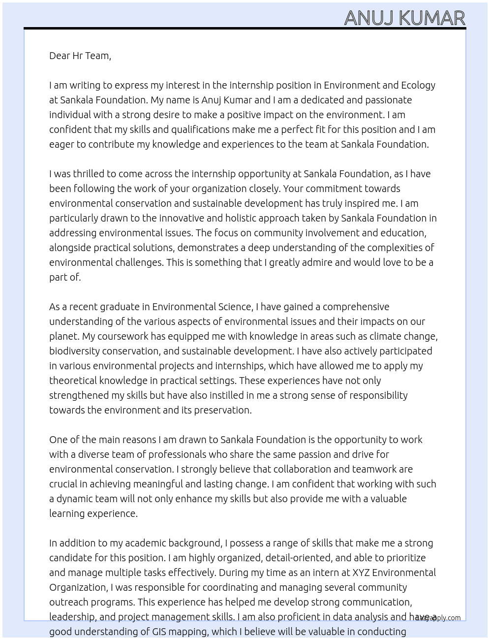 internship in environment and ecology   At Sankala Foundation Cover Letter