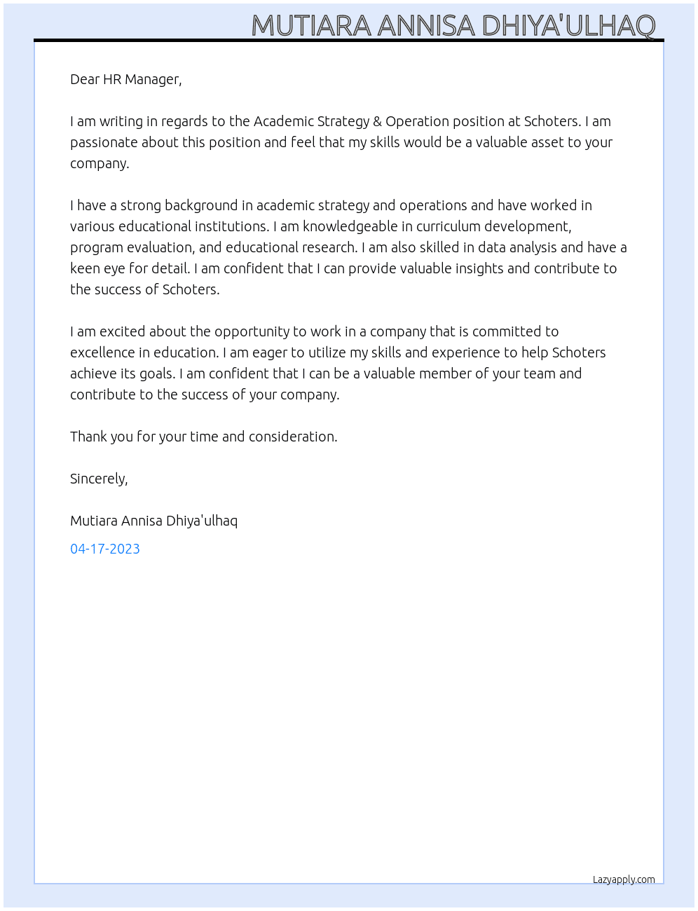 Academic Strategy & Operation At Schoters Cover Letter