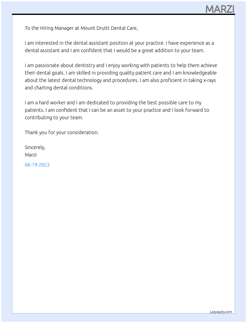 dental assistant  At Mount druitt dental care Cover Letter