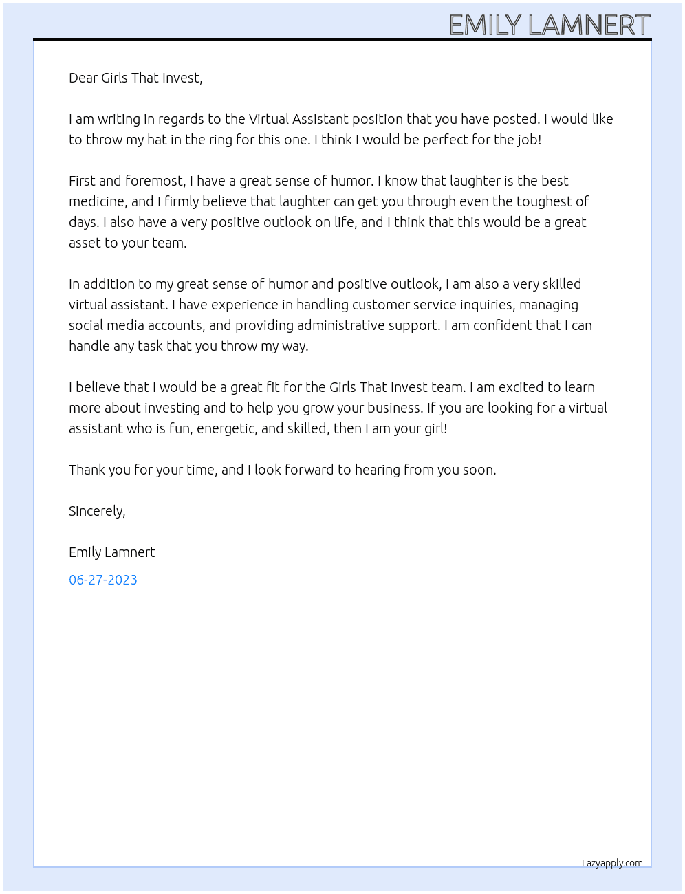 Virtual Assistant At Girls That Investe Cover Letter