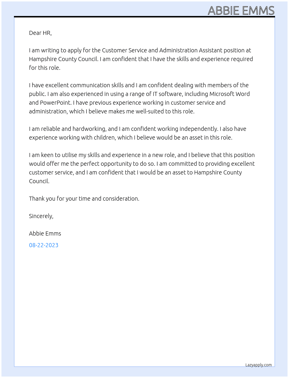Customer Service and Administration Assistant At Hampshire County Council Cover Letter