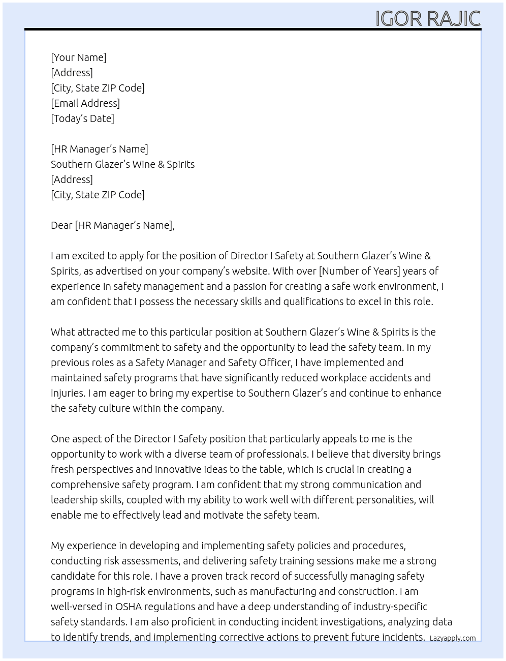 Director I Safety At Southern Glazer’s Wine & Spirits Cover Letter