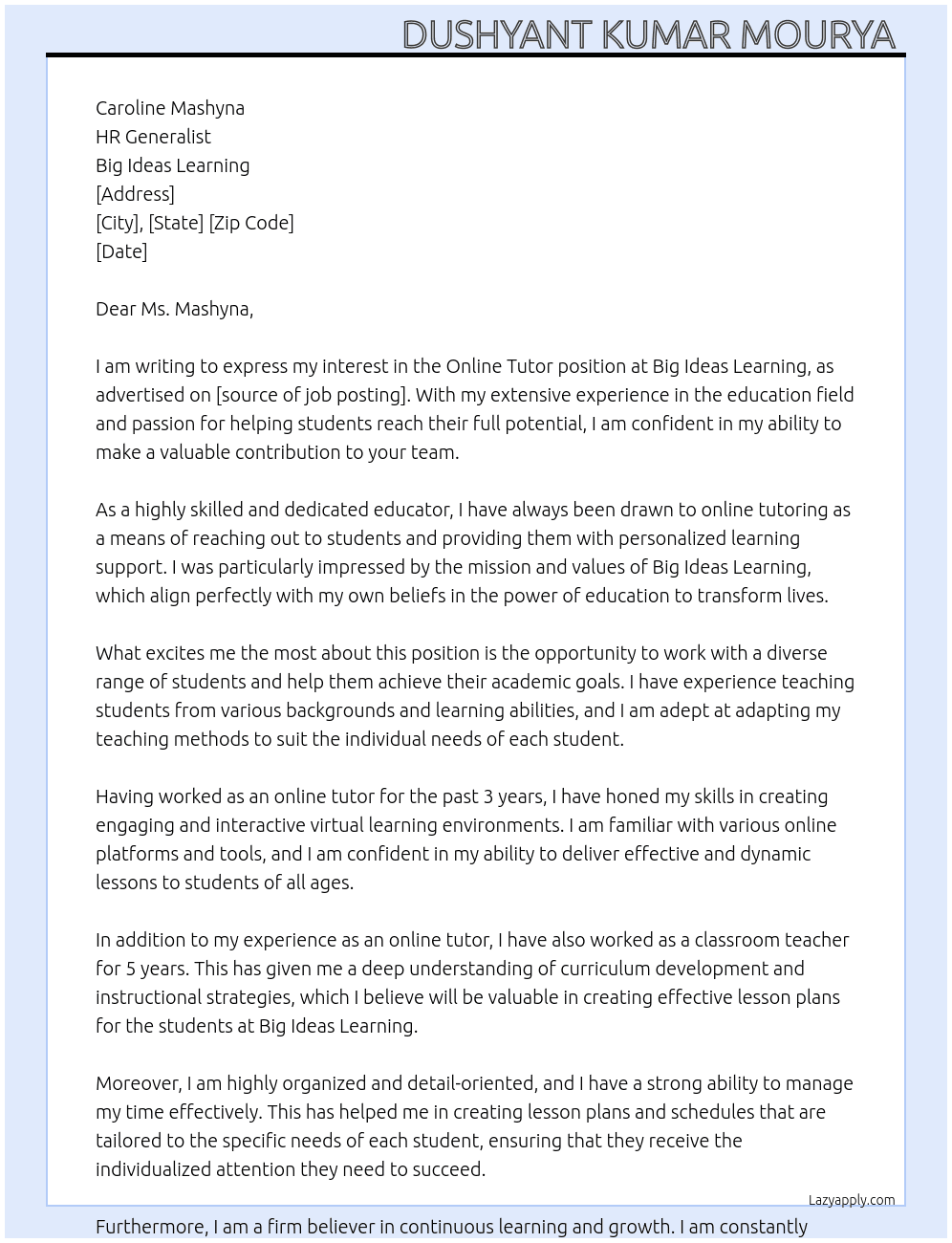 Online Tutor At Big Ideas Learning  Cover Letter