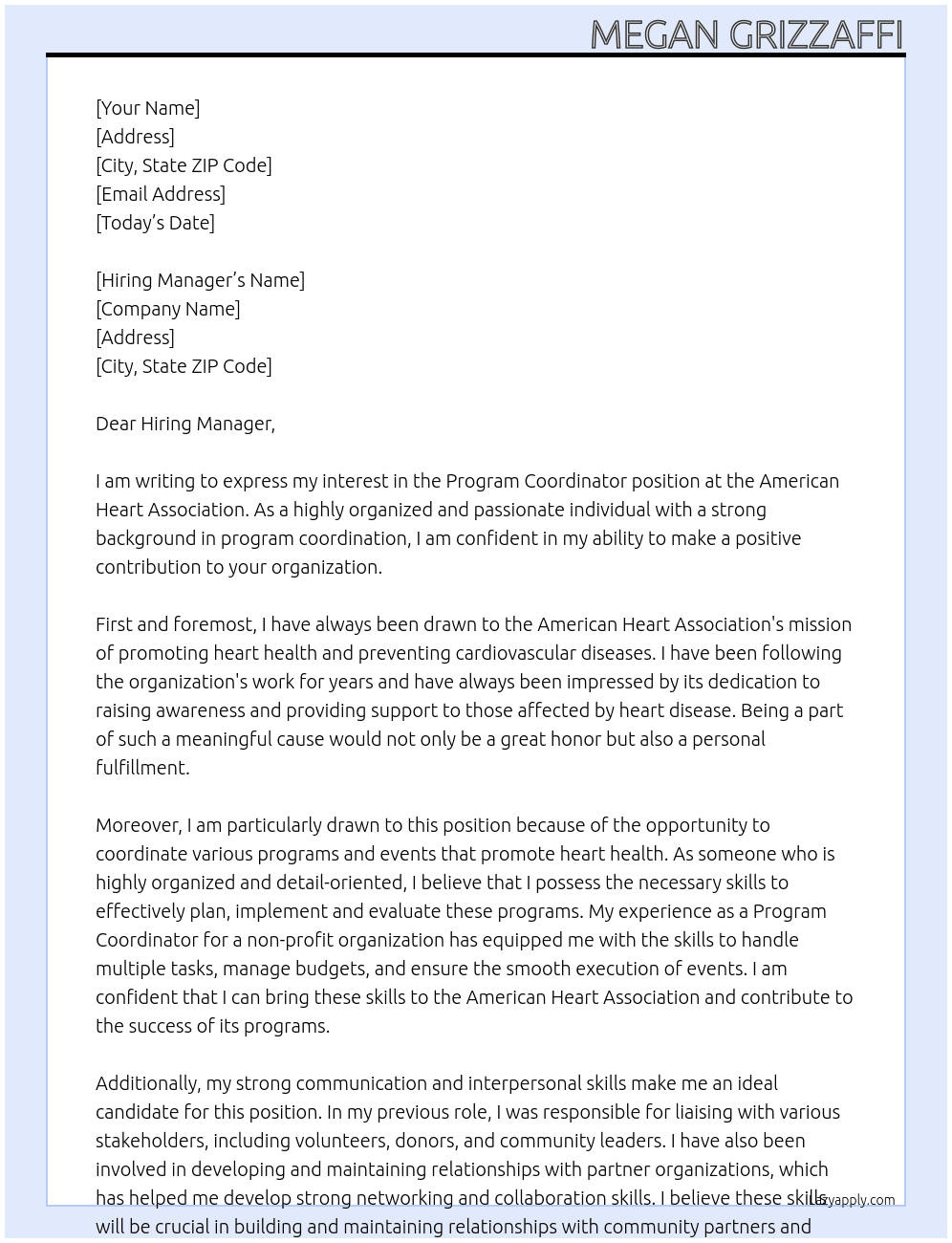 Program coordinator At American Heart Association Cover Letter