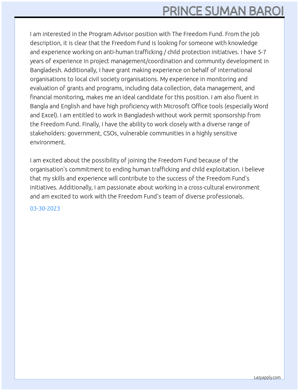 Program Advisor At The Freedom Fund Cover Letter