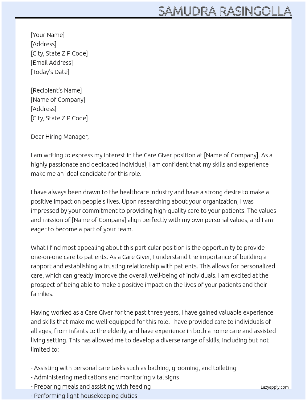 Care Giver At Health Care Organization Cover Letter