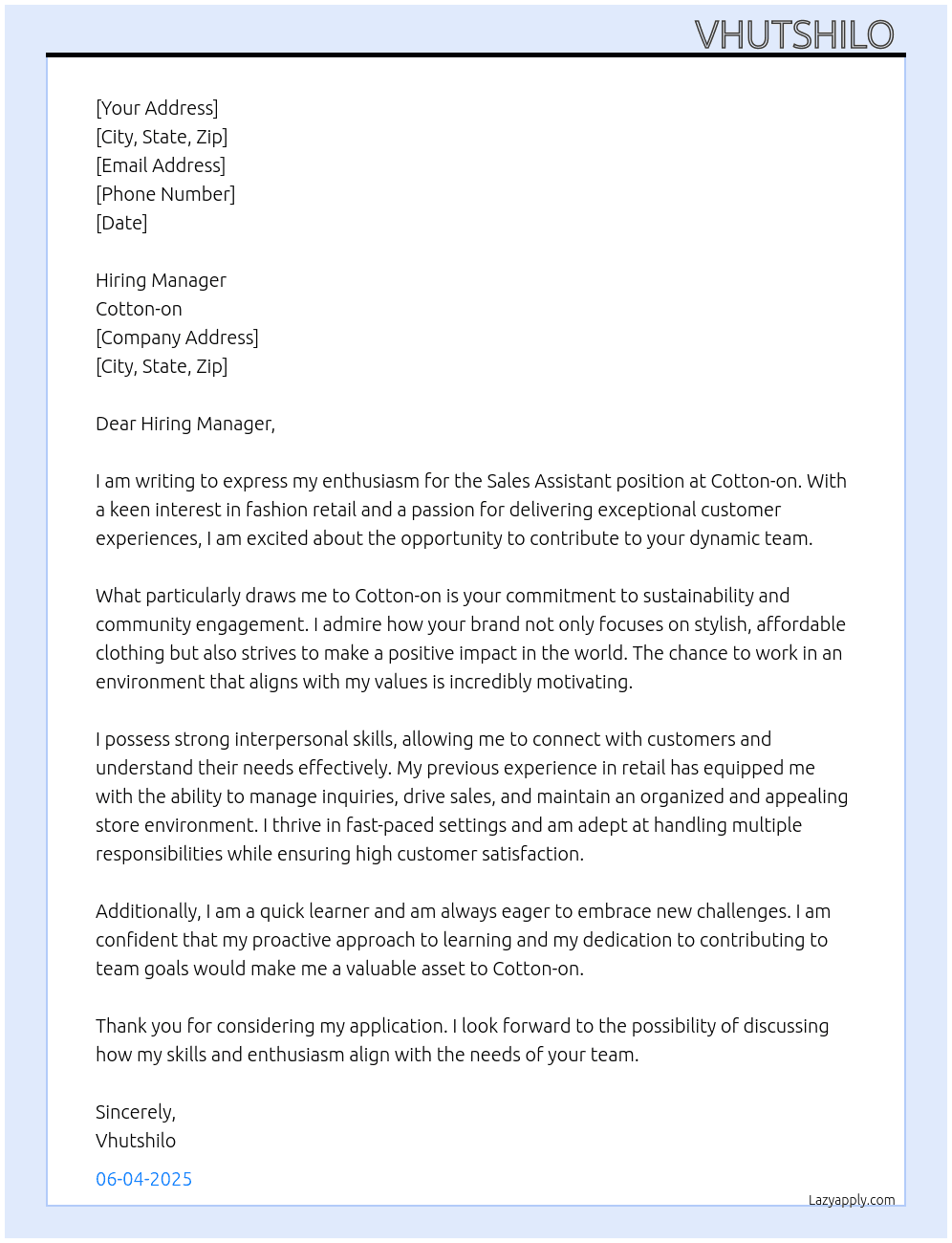 Sales assistant  At Cotton-on Cover Letter