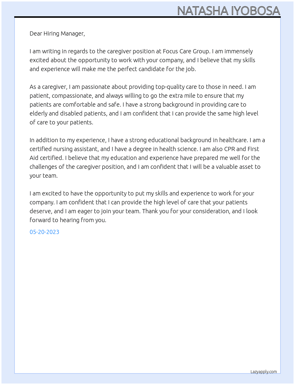 Caregiver At Focus Care Group Cover Letter