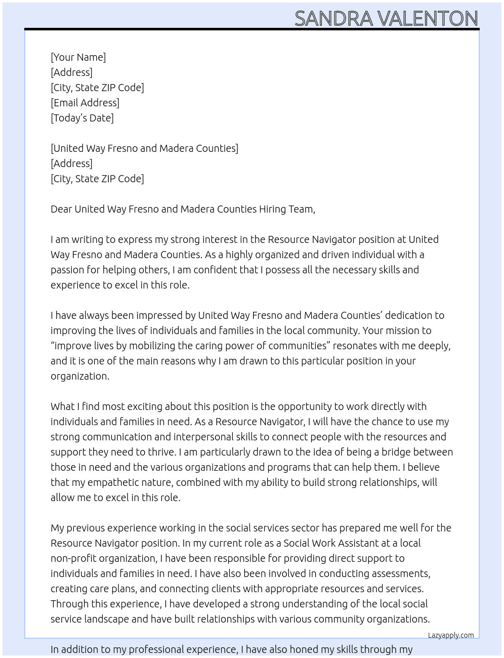 Resource Navigator At United Way Fresno and Madera Counties Cover Letter