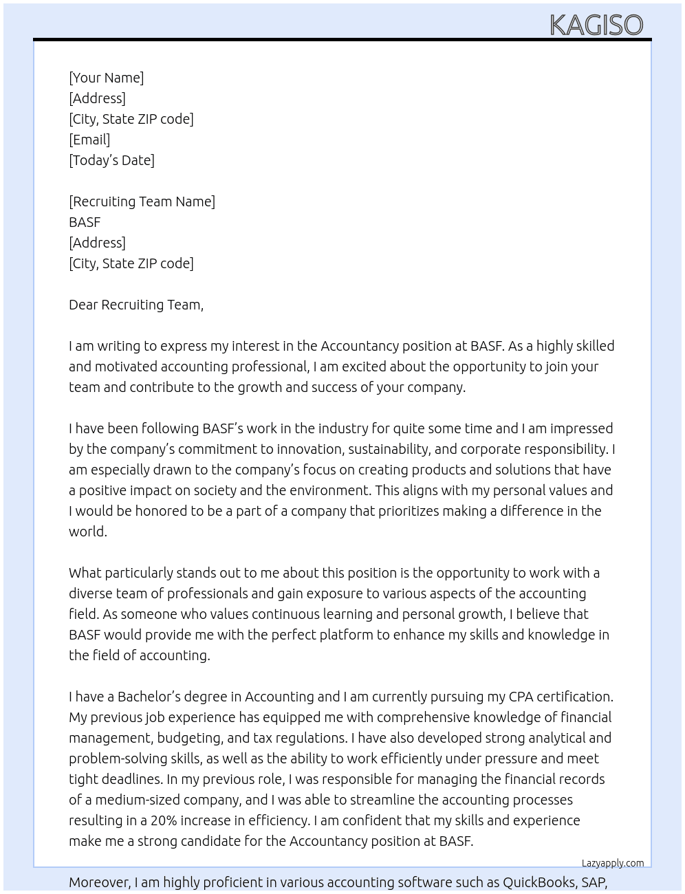 Cover letter for accountancy - LazyApply