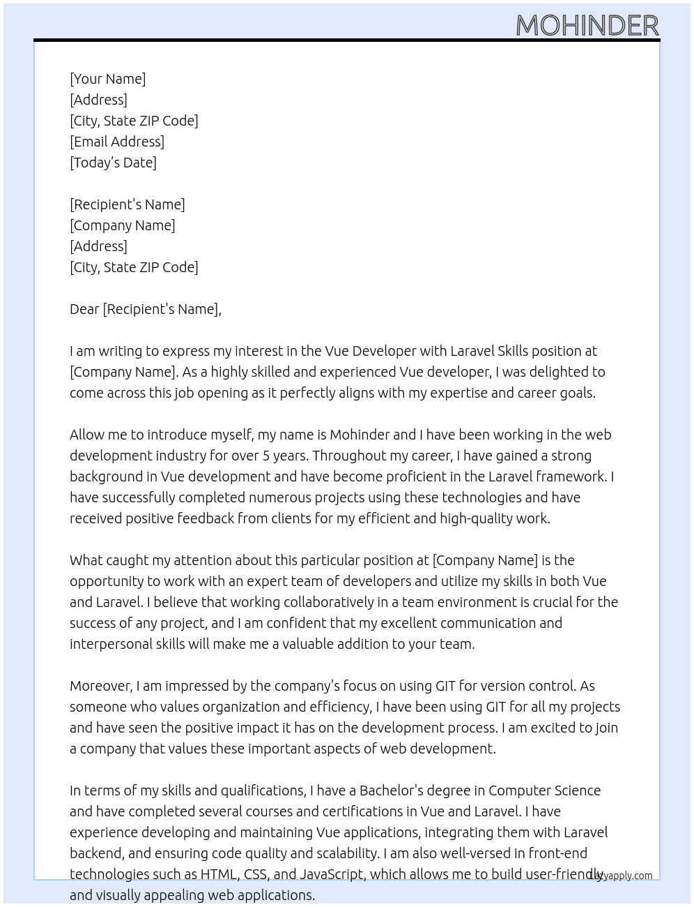Vue Developer with Laravel Skills At Laravel Cover Letter