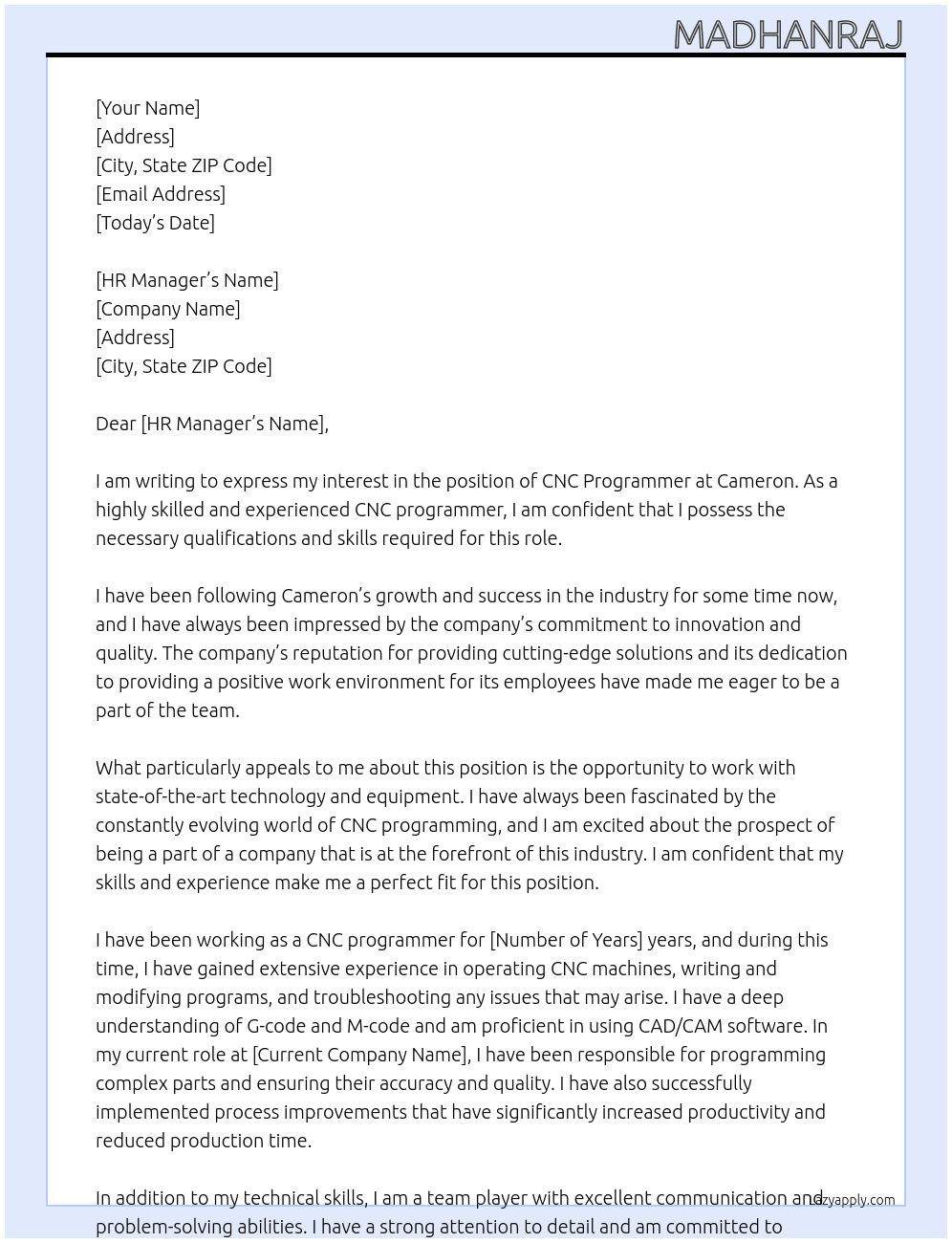 CNC progammer At CAMERON Cover Letter
