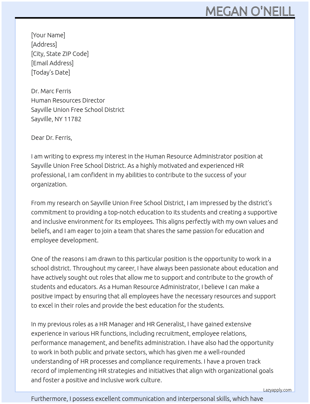 Human Resource Administrator At Sayville Union Free School District Cover Letter