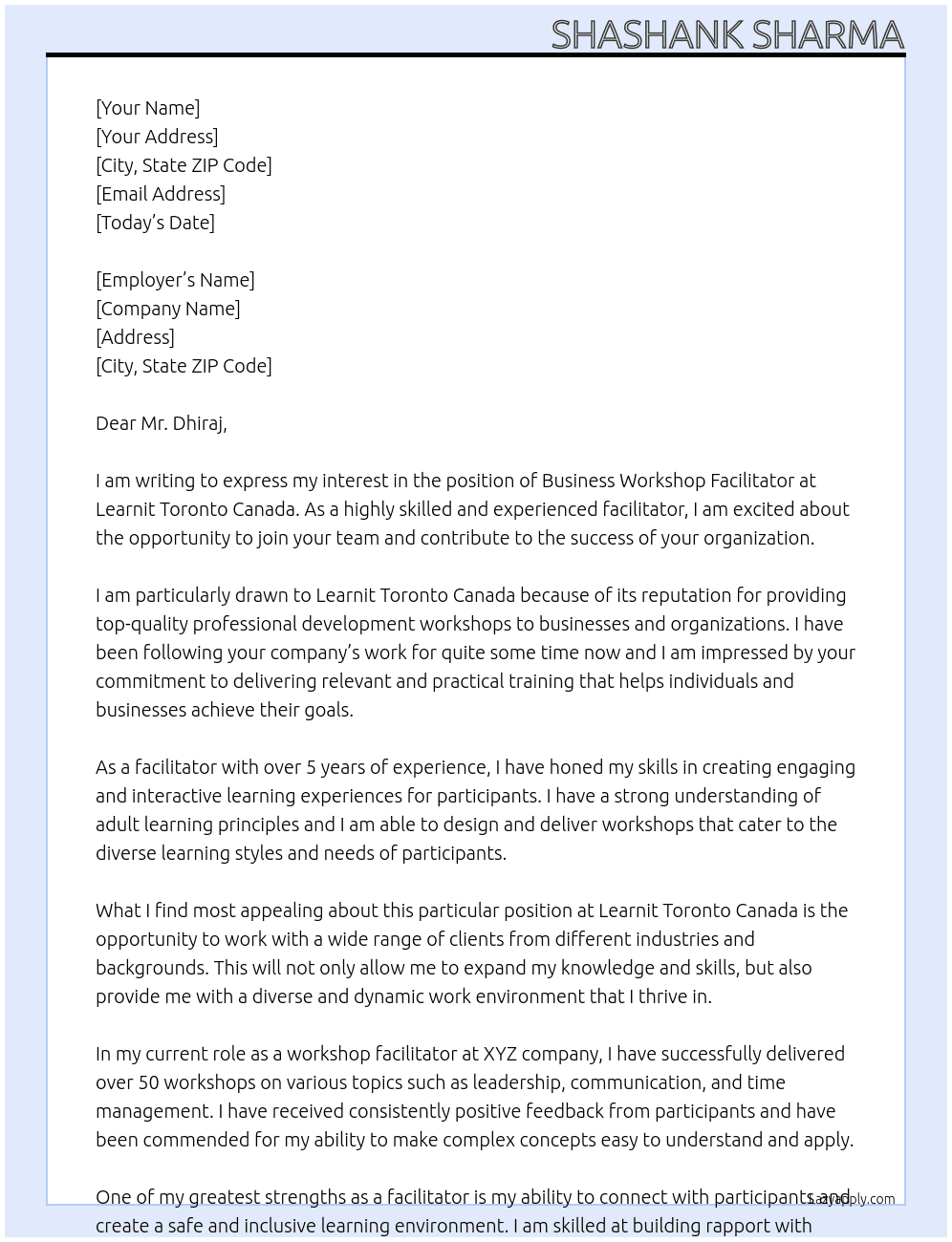 BUSINESS WORKSHOP FACILITATOR  At Learnit Toronto Canada  Cover Letter