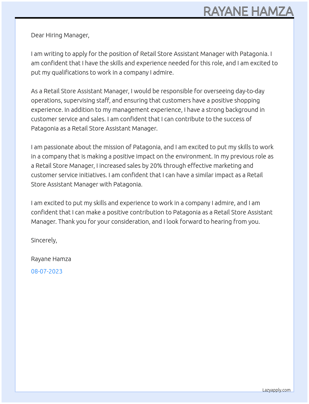 Retail Store Assistant Manager At Patagonia Cover Letter