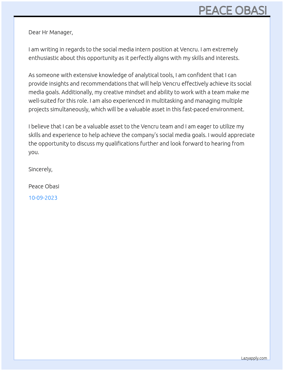 Social media intern At Vencru Cover Letter