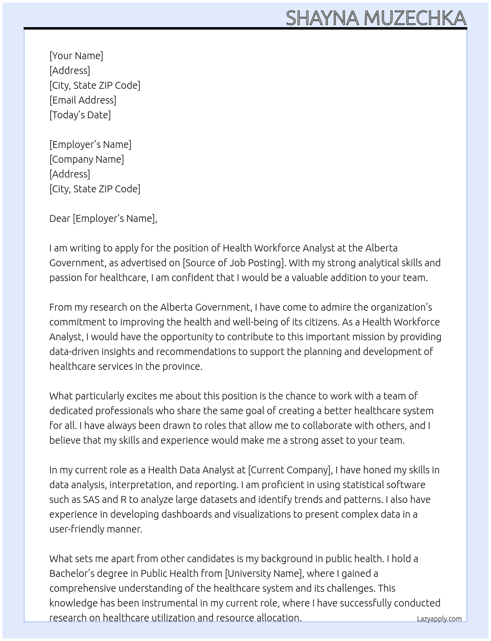 Health Workforce Analyst At Alberta Government  Cover Letter