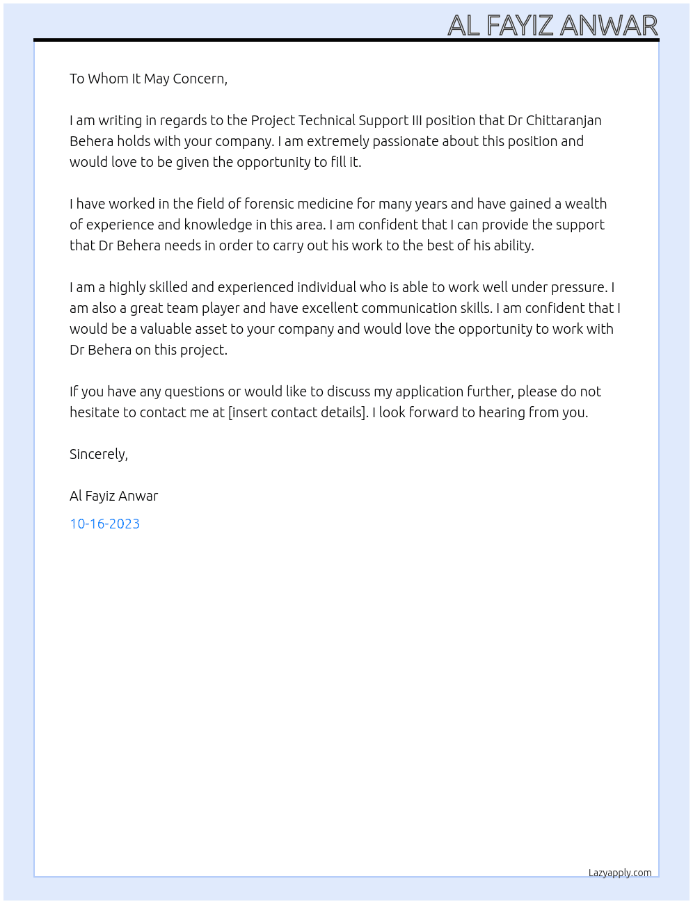 Project Technical suppoet III At Department of Forensic Medicine, AIIMS,  Delhi Cover Letter