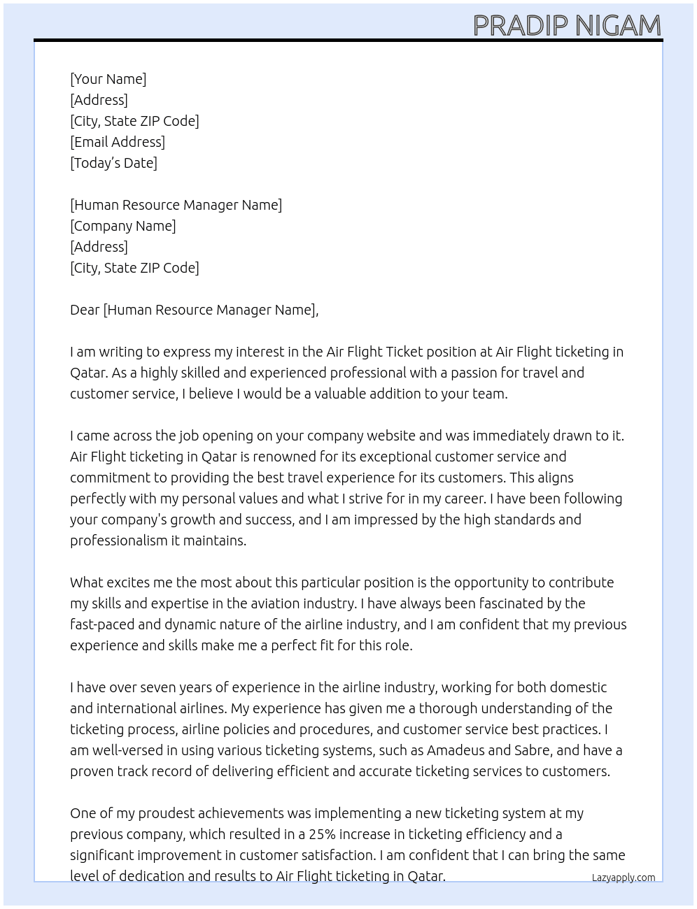 Air Flight Ticket  At Air Flight ticketing in qatar Cover Letter