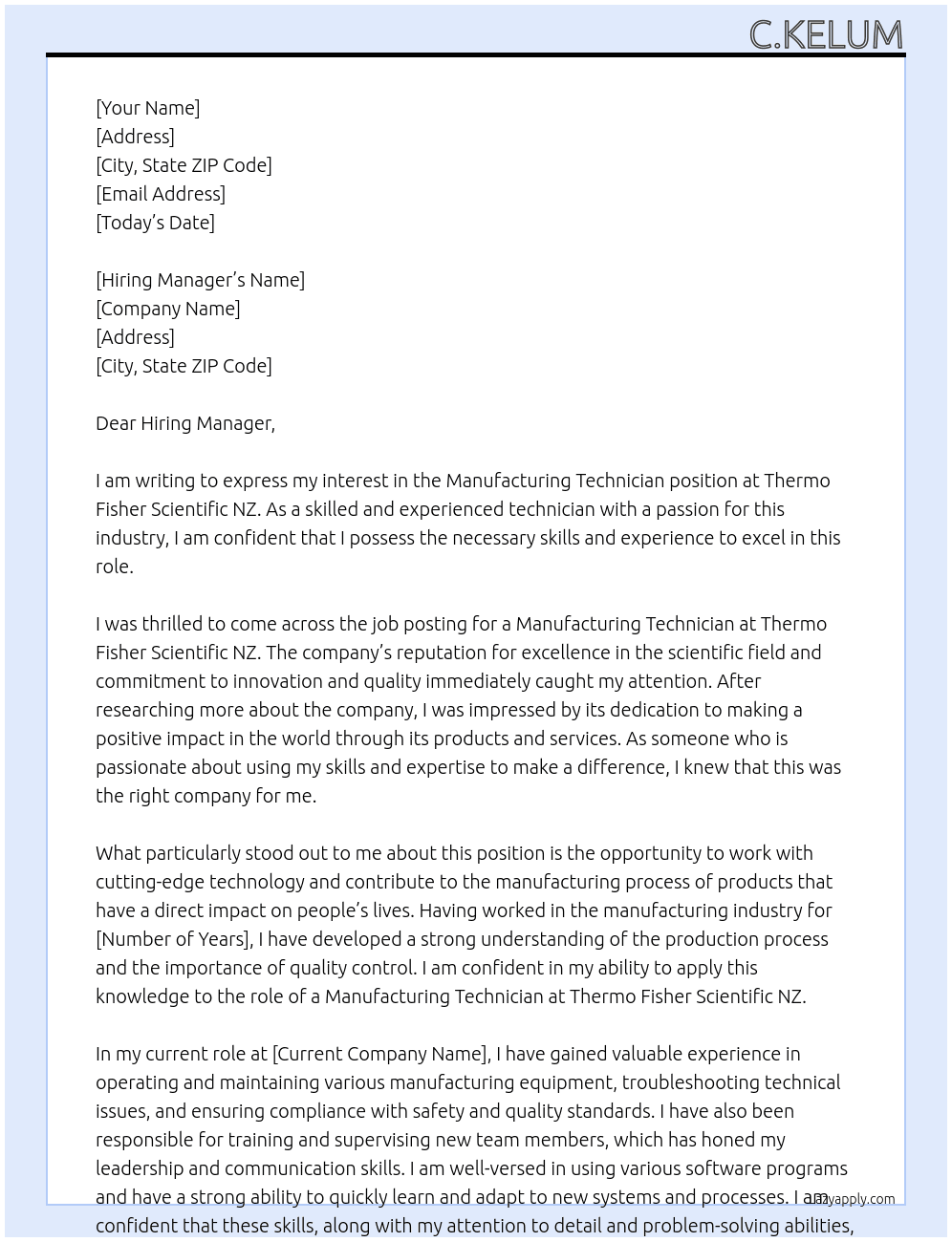 Manufacturing Technician At Thermo fisher scientific nz Cover Letter