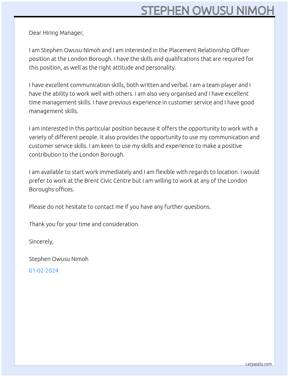 Placement Relationship Officer At London Borough Cover Letter