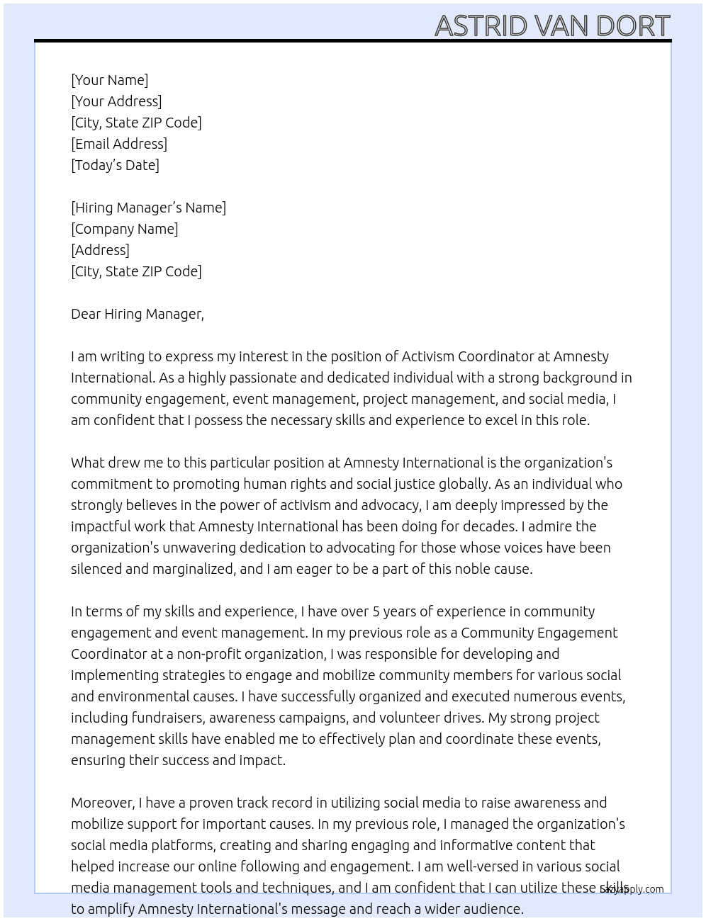 : ACTIVISM COORDINATOR At Amnesty International Cover Letter